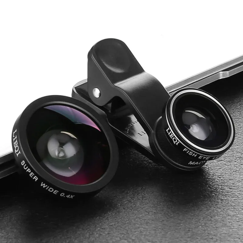 3-в-1 Широкий формат макро объектив "рыбий глаз" Камера Наборы мобильный телефон рыбий глазные линзы с зажимом 0.4x для iPhone samsung сотовые телефоны - Цвет: Black