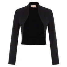 Формальный повод офисные черный белый короткий пиджак Chaqueta Для женщин в винтажном стиле, с длинным рукавом открытой передней оборчатым