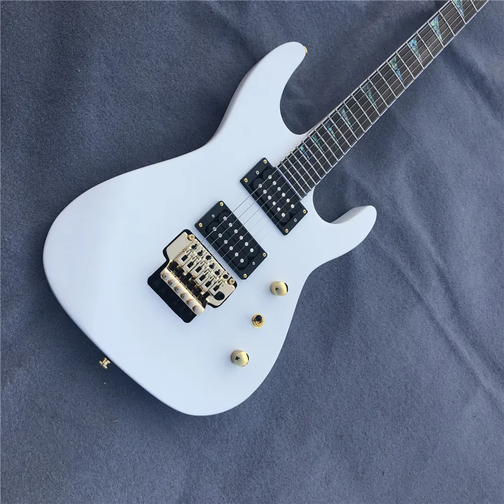 

Kaiyun Factory custom Jackson white double - rock electric guitar.Black metal electric guitar.The abalone shell is inlaid.
