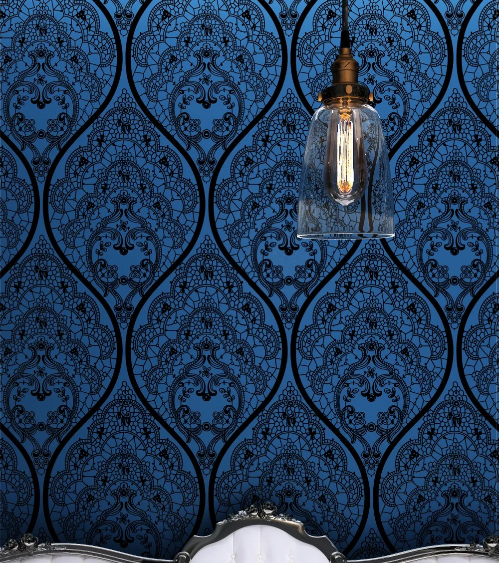 

2016 New Design Blue Mystery Wall Paper Damascus Velvet Flock Textile Wallcovering noise insulation papel de parede