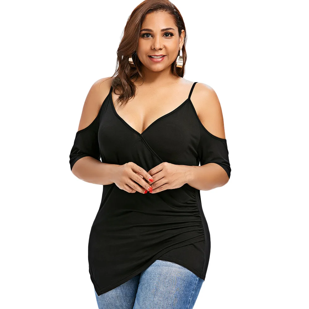 Download Kenancy Plus Size Cross Front Asymmetric T Shirt Women ...