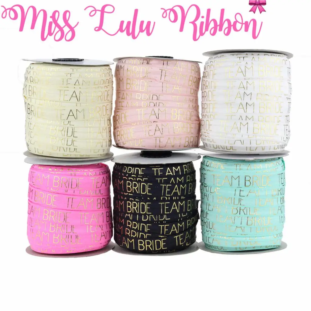 

5/8"16mm Gold Foil "Team Bride" Word Pattern Printed Fold Over Elastic Ribbon Hair Tie Making DIY Wedding Gift Pack 10yards/roll
