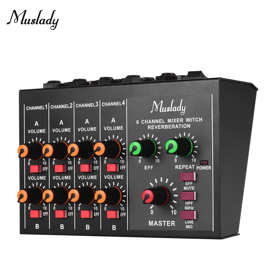 

Muslady M-228A 8-channel Sound Mixer Mono/Stereo Audio Mixing Console with Reverberation Function 60Hz Frequency Cutting