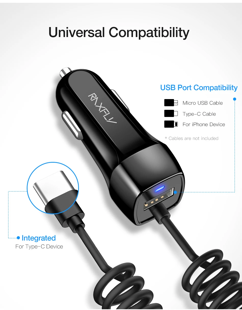 RAXFLY Car Charger With Spring Micro USB Type C Cable For iPhone 12 11 XR 8 Cigarette Lighter USB Truck Car Charger For Phone 12 v usb