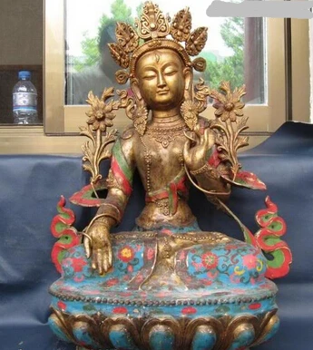 

shitou 001295 24 INCH Tibet Folk Fane Bronze cloisonne Green Tara kwan-Yin Buddha statue