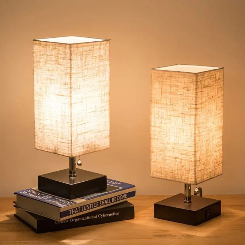 

Wood Base Fabric Shade Bedside Table Lamp With USB Port & Pull Switch Modern Design