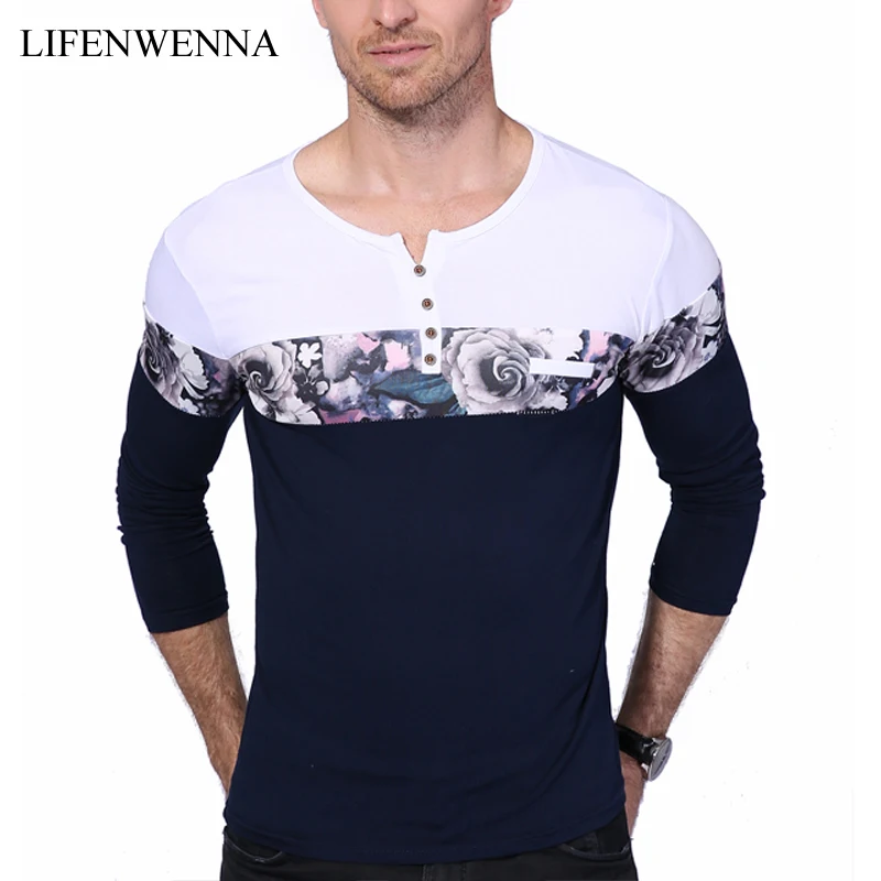2018 New Autumn Men's T Shirt New Fashion Flower Pachwork Long Sleeve T ...