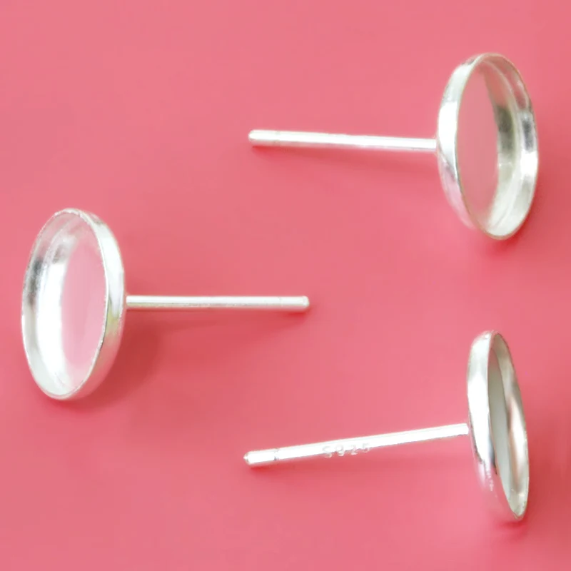 

925 Sterling Silver Stud Earring Post with 8mm Circel Bezel tray Cameo Cabochons Bases Earrings Pin DIY Jewelry Accessories