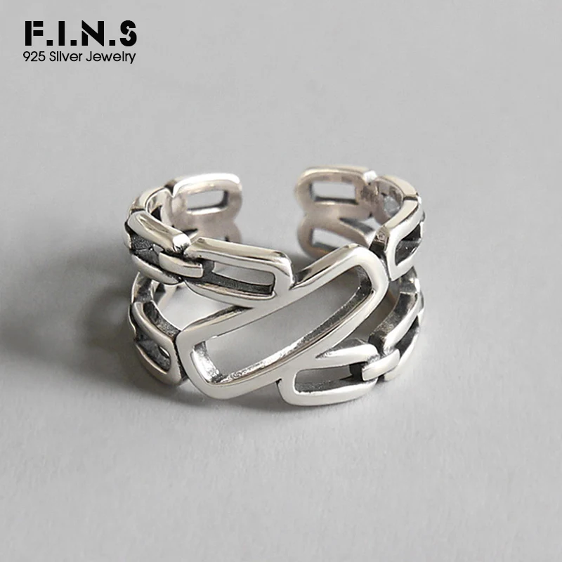 

F.I.N.S S925 Sterling Silver Rings for Women Retro Old Chain Hollowed Silver 925 Open Adjustable Ring Statement Wide Finger Ring