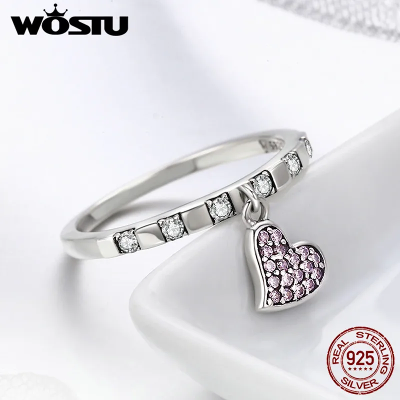 

WOSTU 100% Pure 925 Sterling Silver Week Series Pink Cubic Zircon Heart Pendant Friday Finger Rings Women Fine Jewelry BKR270