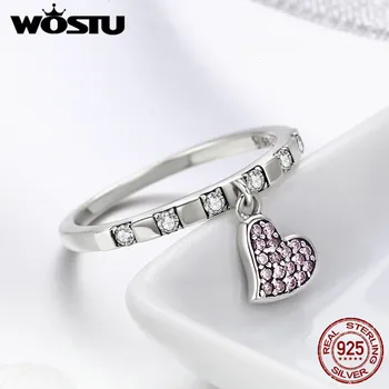

WOSTU 100% Pure 925 Sterling Silver Week Series Pink Cubic Zircon Heart Pendant Friday Finger Rings Women Fine Jewelry BKR270