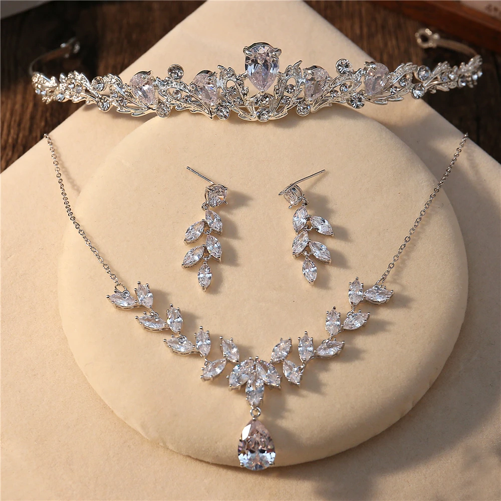 

AAA Clear Cubic Zirconia Jewelry Set Marquise Zircon Necklace Choker Women Fashion Drop Earrings Princess Bridal Wedding Tiara