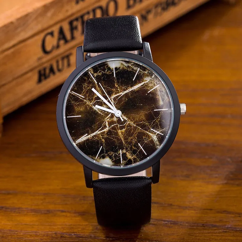 

British Style Marble Clocks 2017 Hot Fashion Marbling Tarja Creative Men's Womens Quartz Watch Genuine Leather Wrist Watches
