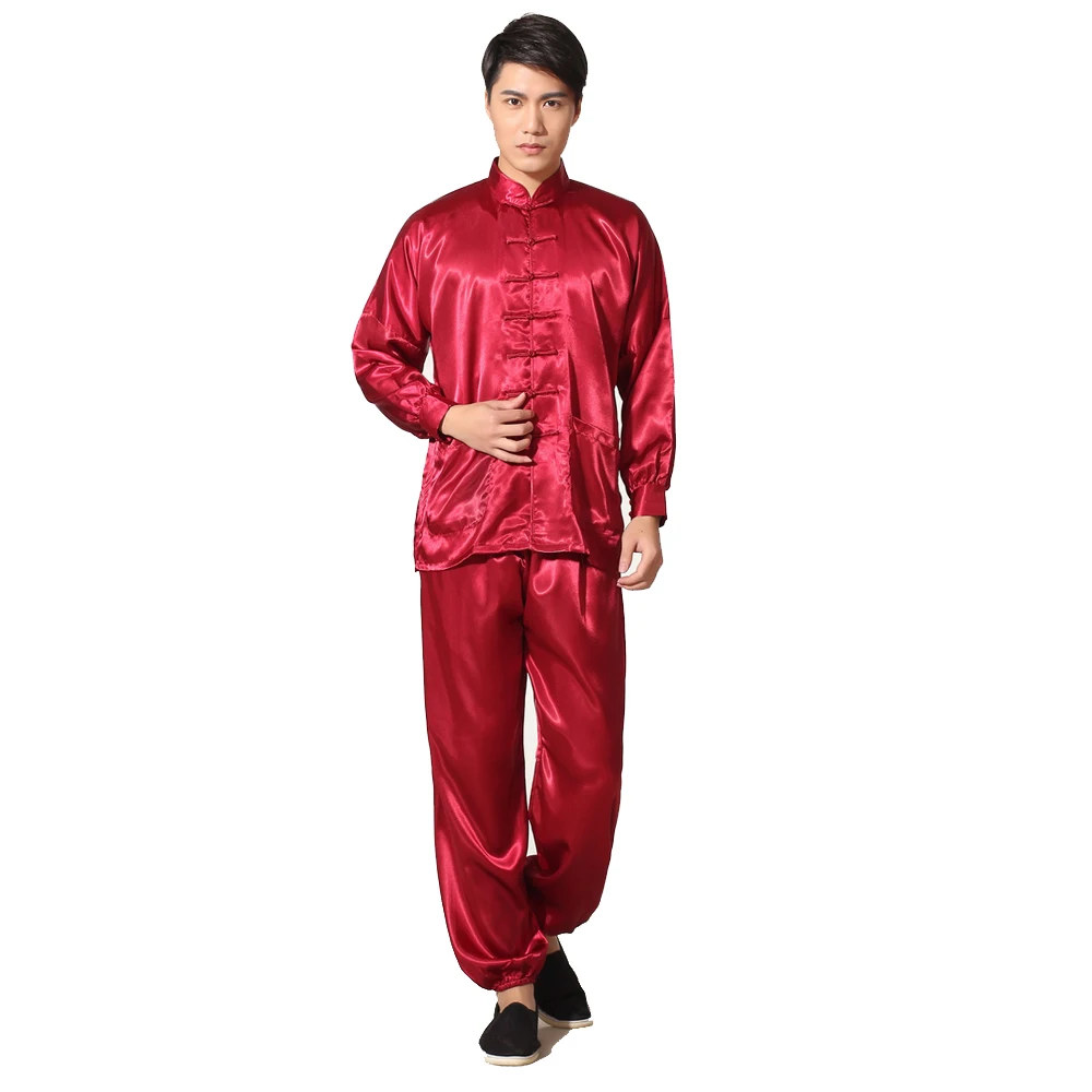 

Red Chinese Men's Satin Rayon Kung Fu Suit Vintage Tai Chi Sets Wu Shu Uniform Long Sleeve Clothing S M L XL XXL M048