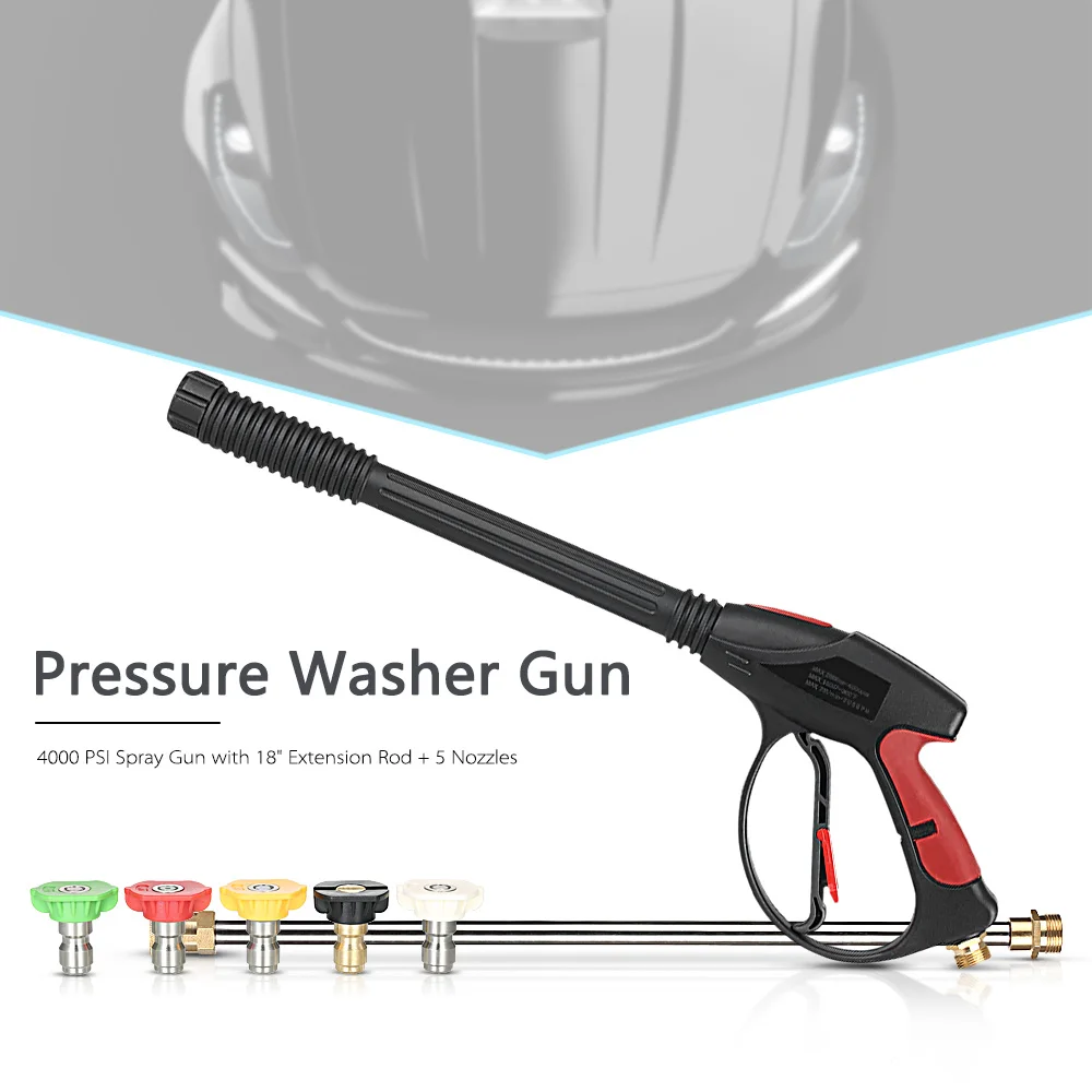 

Pressure Washer Gun 4000 PSI Spray Gun with 18" Extension Wand + 4 Quick Connect Nozzles 1 Soap Nozzle for Car Washers