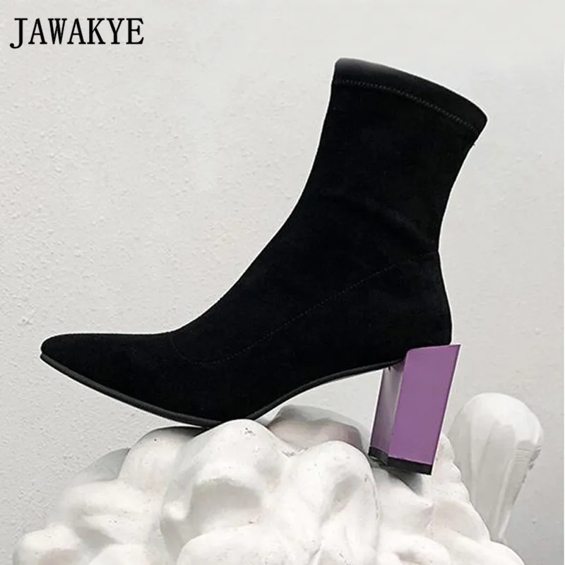 

2018 Spring autumn short boots purple yellow High Heels Shoes Woman Botines Mujer pointed toe Ankle Boots for women