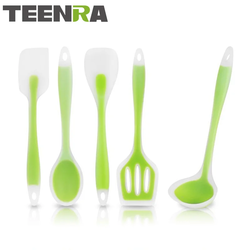 

TEENRA 5Pcs Non-stick Silicone Cooking Utensil Set Silicone Spatula Ladle Soltted Turner Spoon Silicone Kitchen Utensil Set