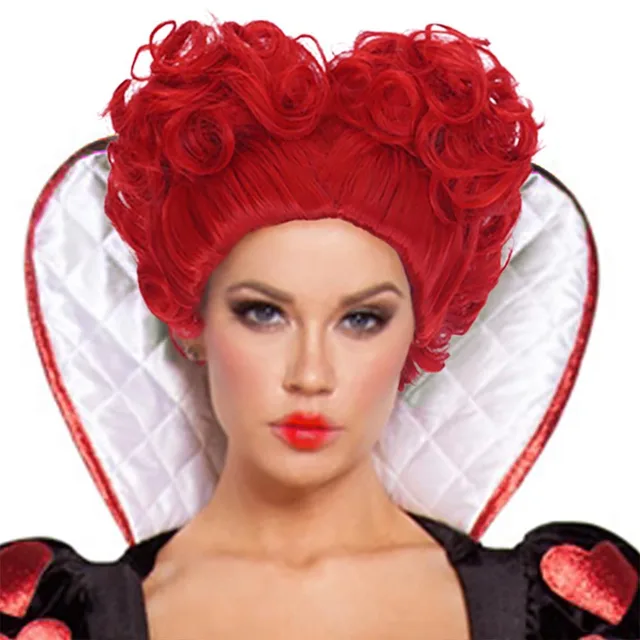 Adult Hearts of Queen Costume Deluxe Red Queen Wig Red Curly Bob Short ...