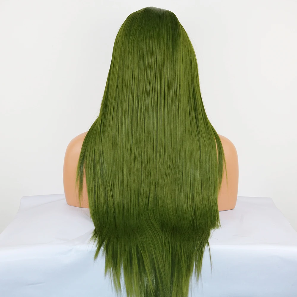 Фэнтези красота Glueless Кружева передние парики оливковый зеленый прямой реалистичный вид синтетический кружевной передний парик натуральный волос