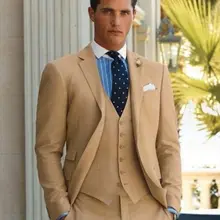Мужские костюмы цвета хаки с отворотом, деловой смокинг, модный Блейзер, тонкий(пиджак+ брюки+ галстук+ жилет+ носовые платки