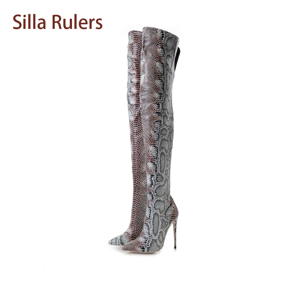 

Silla Rulers Sexy Lady Thigh High Boots Snakeskin Pointed Toe Thin Heel Long Boots Fashion Snake Pumps Side Zipper Women Boots