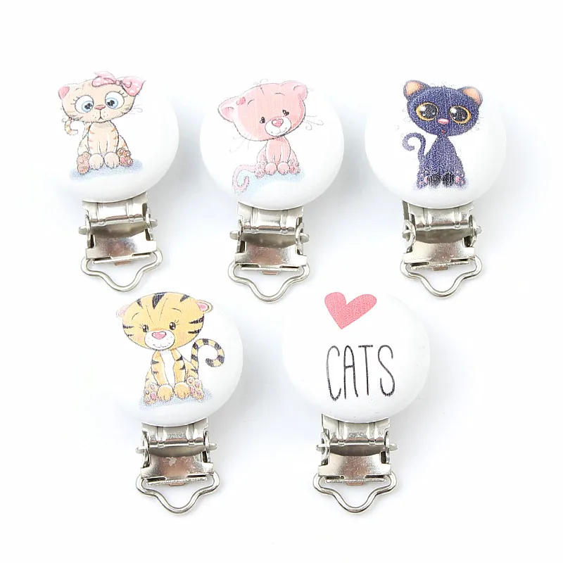

5pcs Cats Wooden Baby Pacifier Clips Wood Metal Holders Cute Infant Soother Clasps Accessories for Baby Teethers