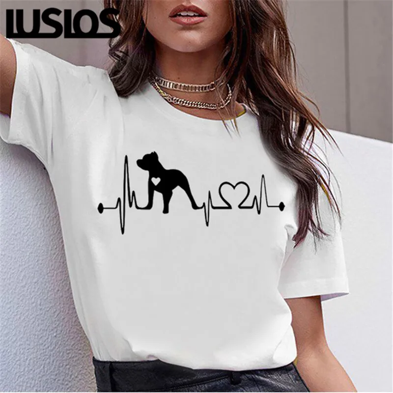 

LUS LOS Cute Line Dogs with Electrocardiogram Printed White Tees Simple Line-drawing Dogs Kawaii Style Short Sleeves T-Shirts
