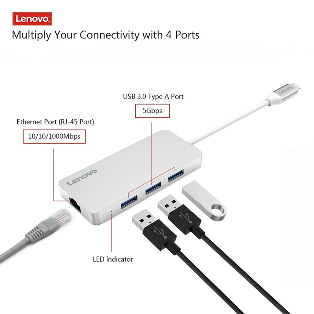 

Lenovo USB-C to RJ45 Ethernet Gigabit Network Adapter Converter Cable 4-in-1 USB Type-C to 3 USB 3.0 Type-A Ports 1000Mbps Hub