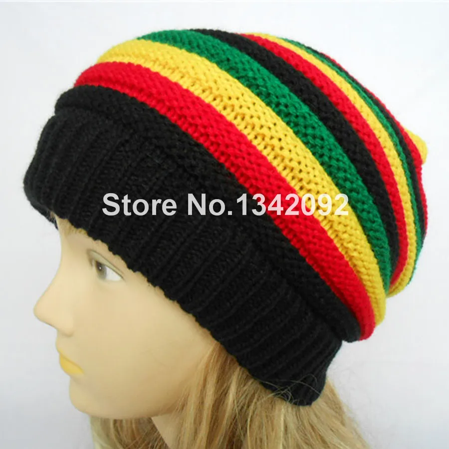 1 шт. вязаная шапка Jamaica Rasta, Шапка-бини в полоску в стиле хип-хоп, мешковатые шапки-Боб, шапка Skullies, черная, красная, желтая, зеленая