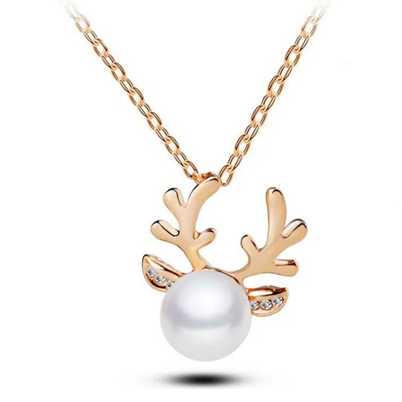 Gold Necklace Модные популярные золотые серебряные рождественские жемчужные серьги с оленями для женщин, серьги-гвоздики и ожерелье для девочек, ювелирные изделия - Окраска металла: Gold Necklace