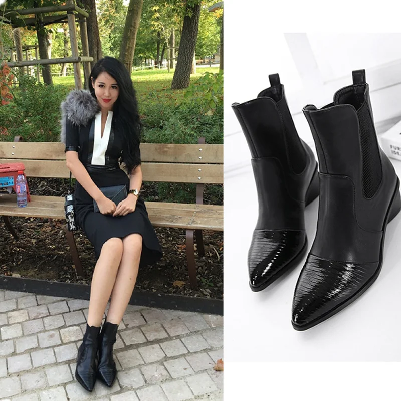 

Autumn Ankle Boots Women 2017 European PU Leather Pointed Toe Short Boots Matte Square Heels Waterproof Boots Black Big Size 40