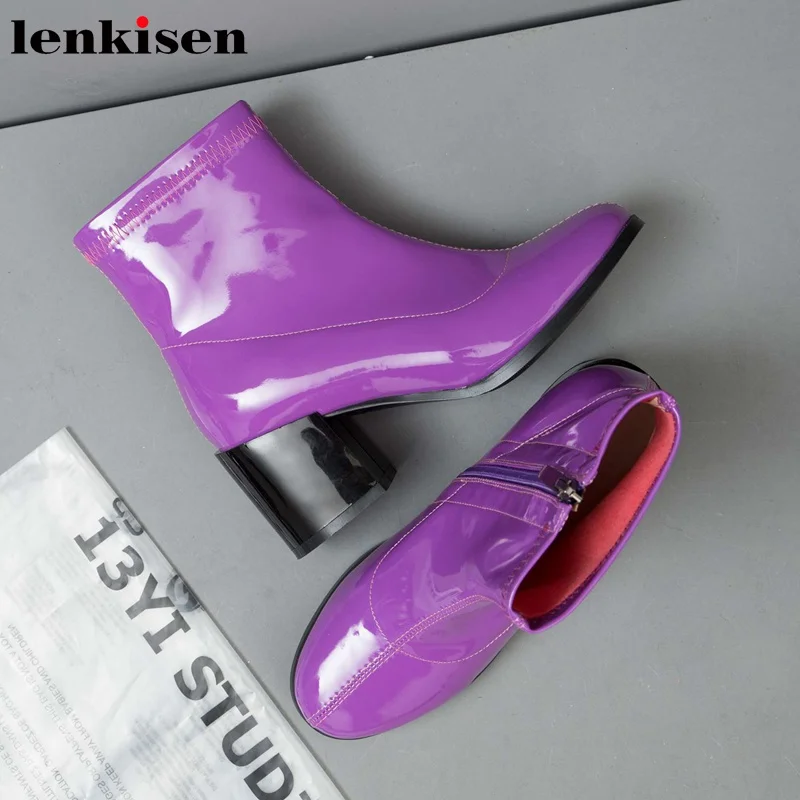 

Lenkisen popular patent leather streetwear high heels round toe fashion gorgeous winter model multicolor warm ankle boots L06