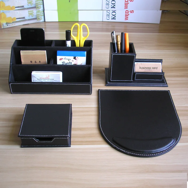4PCS/set wooden PU leather office desk stationery organizer pen holder pencil case note name card stand desktop accessories K218