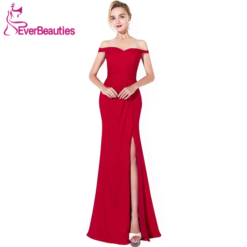 Wine Red Elegant Evening Dress Long 2019 Chiffon with Pleat Side Slit
