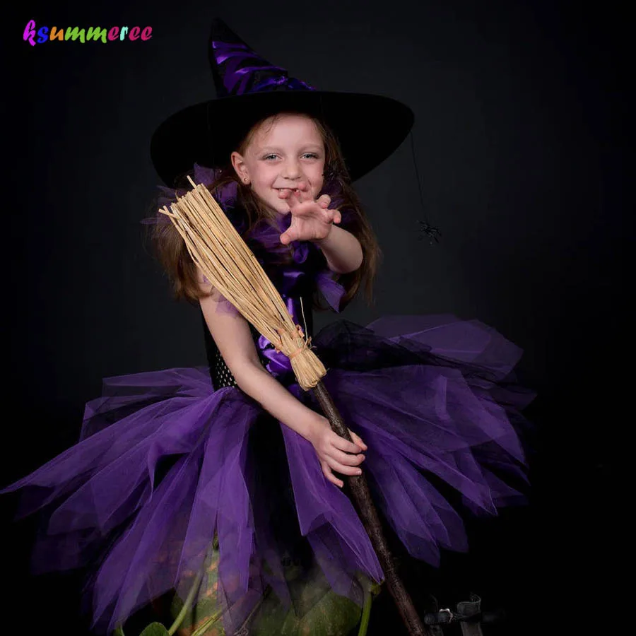 Kids Halloween Tutu Dress Fun Girls Fluffy Tutu Witch Dress Costume with Hat Purple Black Dress for Party Dress up (1)
