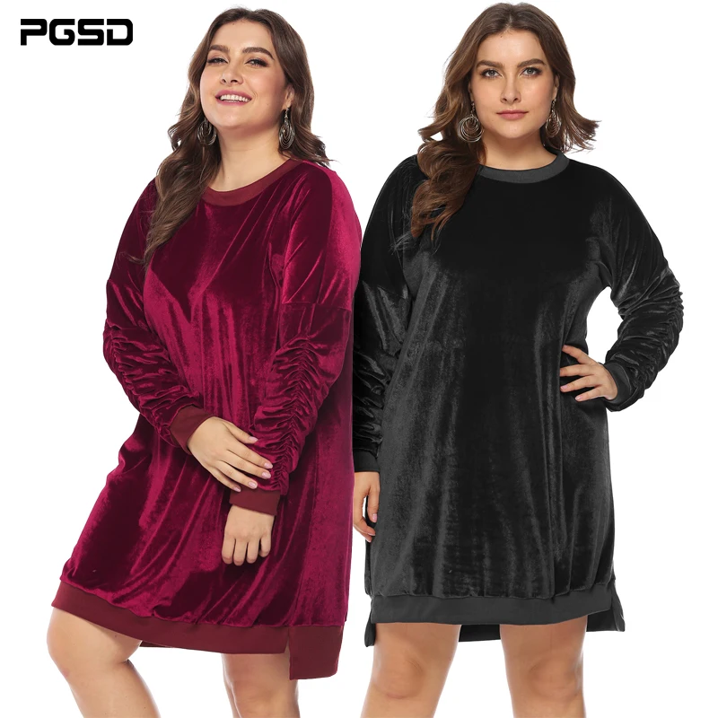 

PGSD Winter Simple fashion large Big size Women's clothes Stacked elastic sleeves O-neck casual Loose pleuche dress female XXL