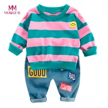 Прекрасные подарки для маленьких девочек Детская одежда; Одежда для мальчиков зимняя одежда с длинными рукавами из хлопка с круглым вырезом одежда для малышей пуловер в полоску Топы+ брюки с буквами комплект