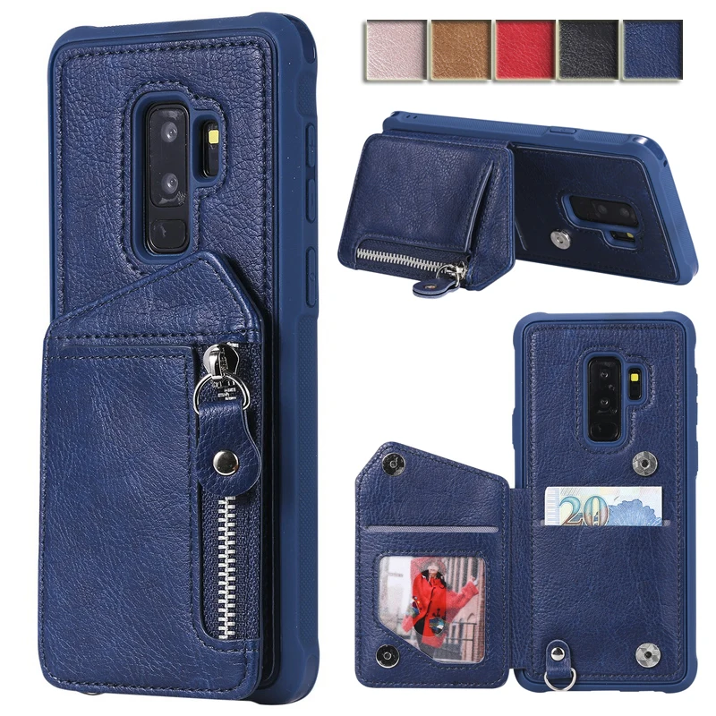 

Luxury Zipper Phone Back Case For Samsung galaxy S8 S9 Plus Note 8 9 Wallet Card Strap Cover With Stand Note9 Capa