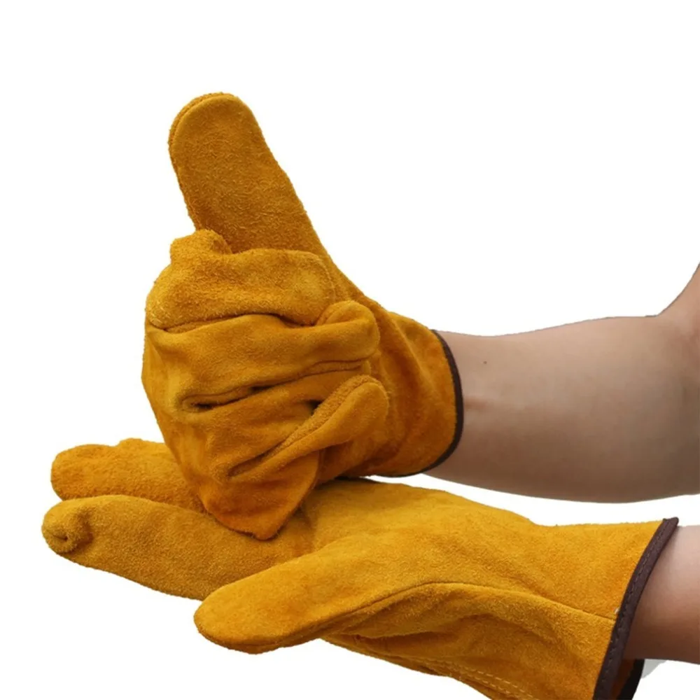 Пара/комплект огнестойкие прочные желтые перчатки сварщика из коровьей кожи анти-нагрев рабочие защитные перчатки для сварки металла ручные инструменты