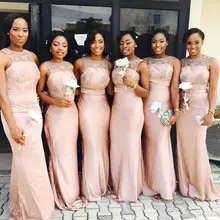 Персиковые дешевые платья подружек невесты до 50 Русалка с высоким воротником длина до пола кружева Длинные свадебные платья