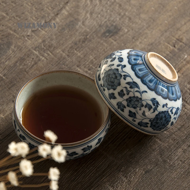 

WIZAMONY Different Types Drinkware Chinese Longquan Top Grade Blue and White China Flower Landscape China Teacups Bowl For Pu'er