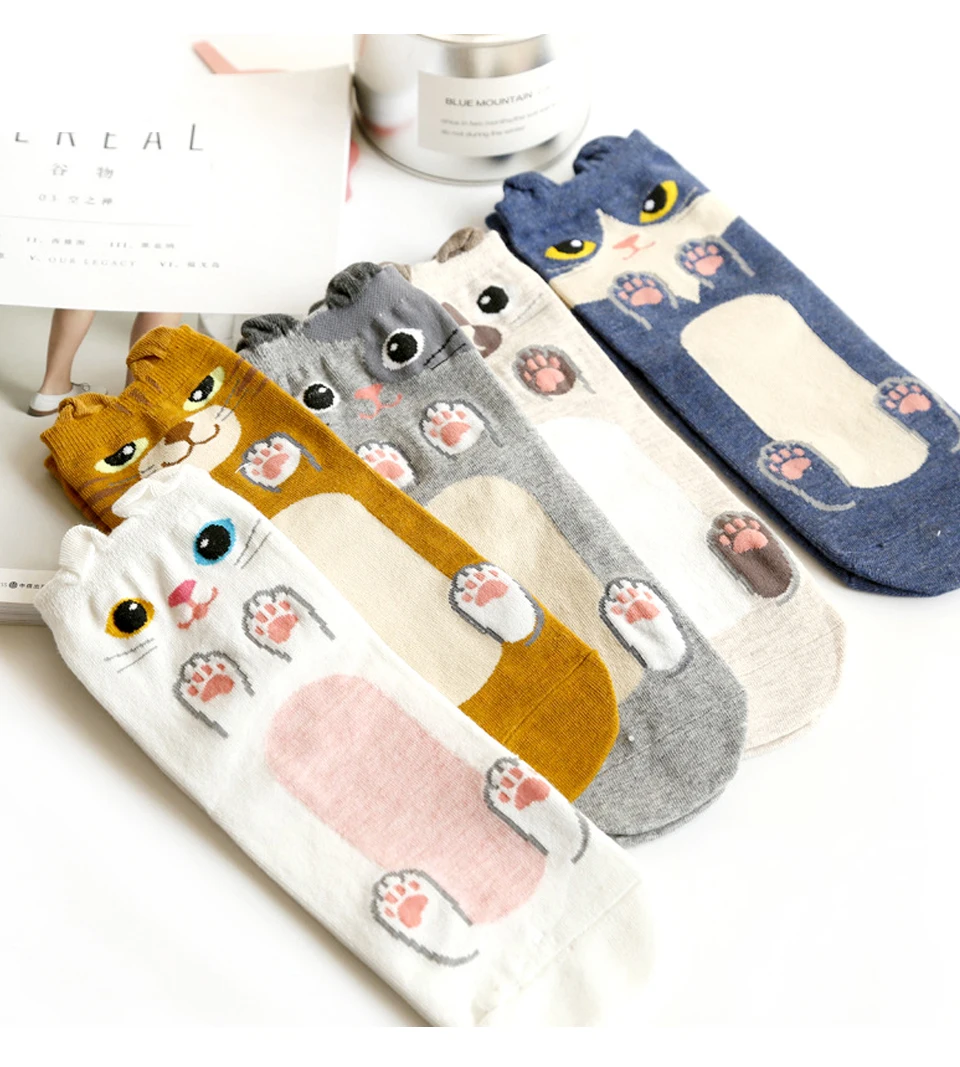 Funny Cute Cat Cartoon Women Socks Autumn Winter Lady's Sock korean Fashion Candy Color Creative Warm socks White Yellow Gray (6)