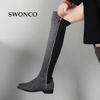 

SWONCO Woman High Boot 2018 Autumn Winter Leather Over-the -knee Boot Women Boots Winter Long Boots For Women Low Heel Shoes