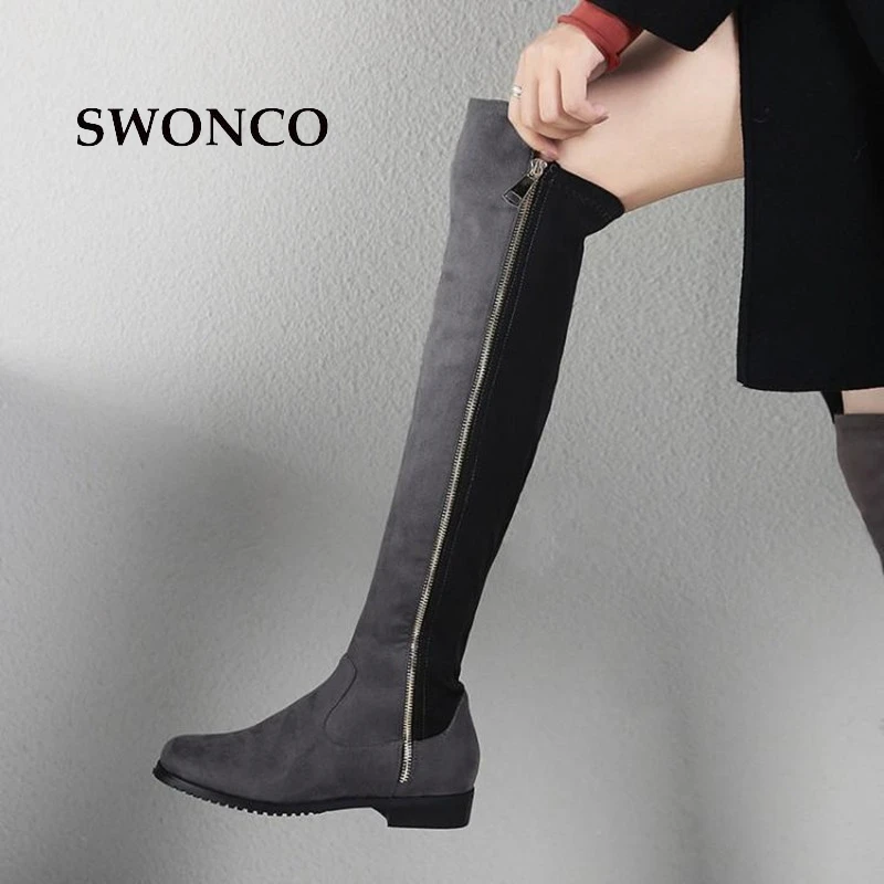 Ceny SWONCO Woman High Boot 2018 jesienno zimowa skóra Over the knee Boot buty damskie długie buty zimowe na czółenka na niskim obcasie buty
