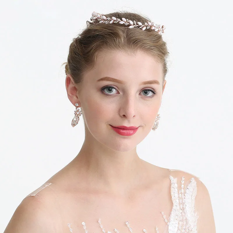 Женский обруч для волос SLBRIDAL цвета розового золота с кристаллами жемчужинами и