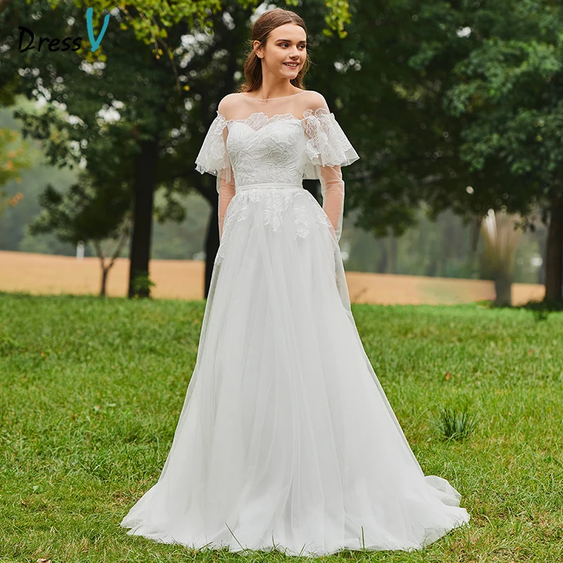 Dressv Длинные свадебные платья Bateau Neck тюль с коротким рукавом Аппликации Кружева Линия садовый, церковный на заказ Элегантные Свадебные