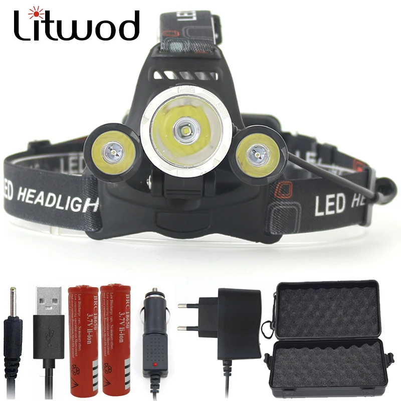 Goedkoop Litwod Z30 LED Koplamp 9000LM 3 stks XML T6 9000 Lumen Head Lamp licht hoofd frontale Zaklamp Zaklamp voor camping