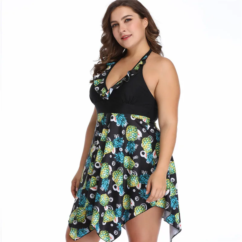 Preise 2019 neue Plus Größe 6XL Tankini set Frauen Bademode Zwei Stück Druck Halter Badeanzug Schwimmen Kleid Hohe Taille Bikinis Bade anzug