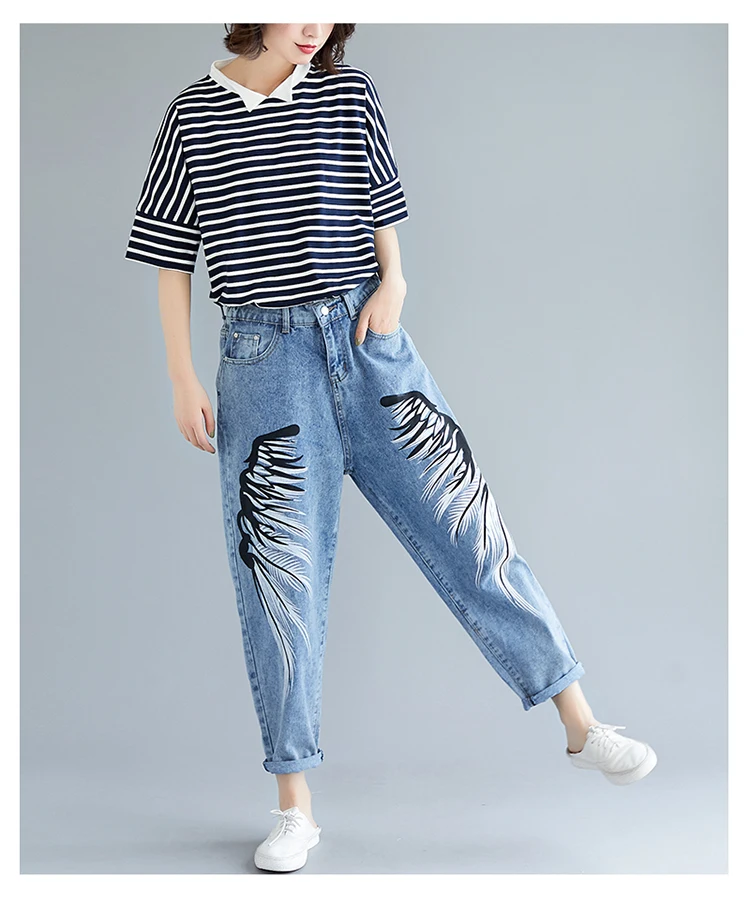 THHONE/джинсы для мам, женские джинсовые штаны с высокой талией, повседневные брюки размера плюс, свободные джинсы с модным принтом, женские штаны-шаровары