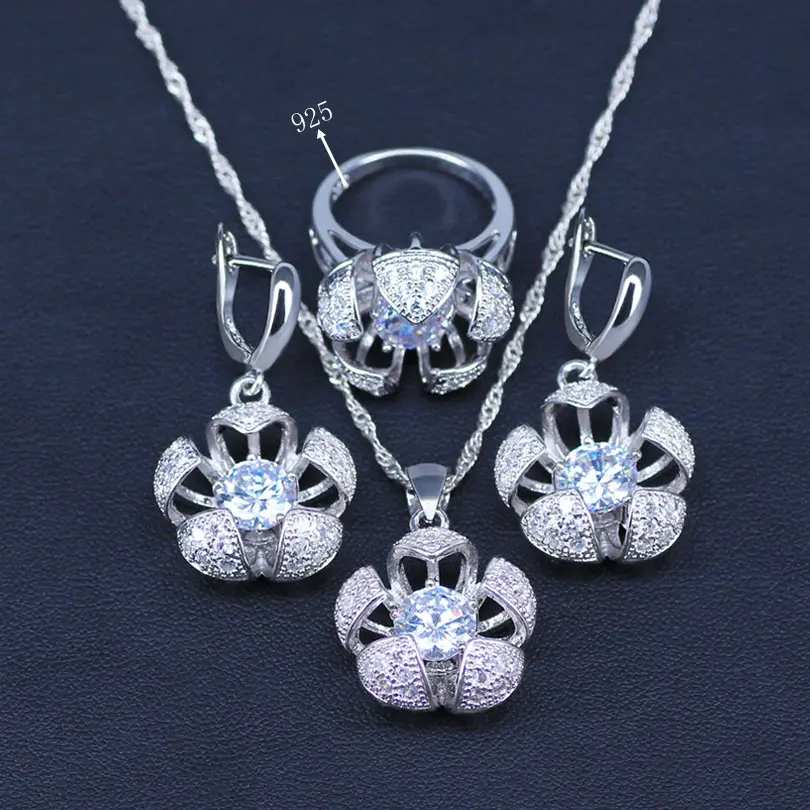 

925 Sterling Silver Jewelry Sets 3D Flower Design White/Sky Blue/Green Cubic Zirconia Pendants/Drop Earrings/Rings Sets